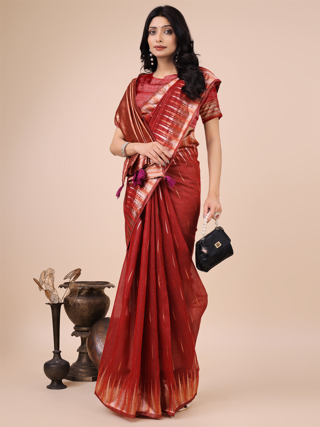 Astita Elegant Red Linen Cotton Saree with Copper Zari Pallu and Artistic Brush Pattern - Festive & Formal Wear - Distacart
