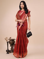 Thumbnail for Astita Elegant Red Linen Cotton Saree with Copper Zari Pallu and Artistic Brush Pattern - Festive & Formal Wear - Distacart