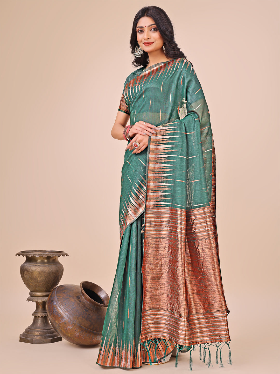 Astita Elegant Green Linen Cotton Saree with Copper Zari Pallu and Artistic Brush Pattern - Festive & Formal Wear - Distacart