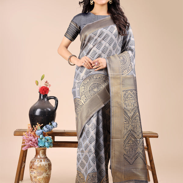 Astita Grey Banarasi silk Woven Zari Work Traditional Tassel Saree - Distacart