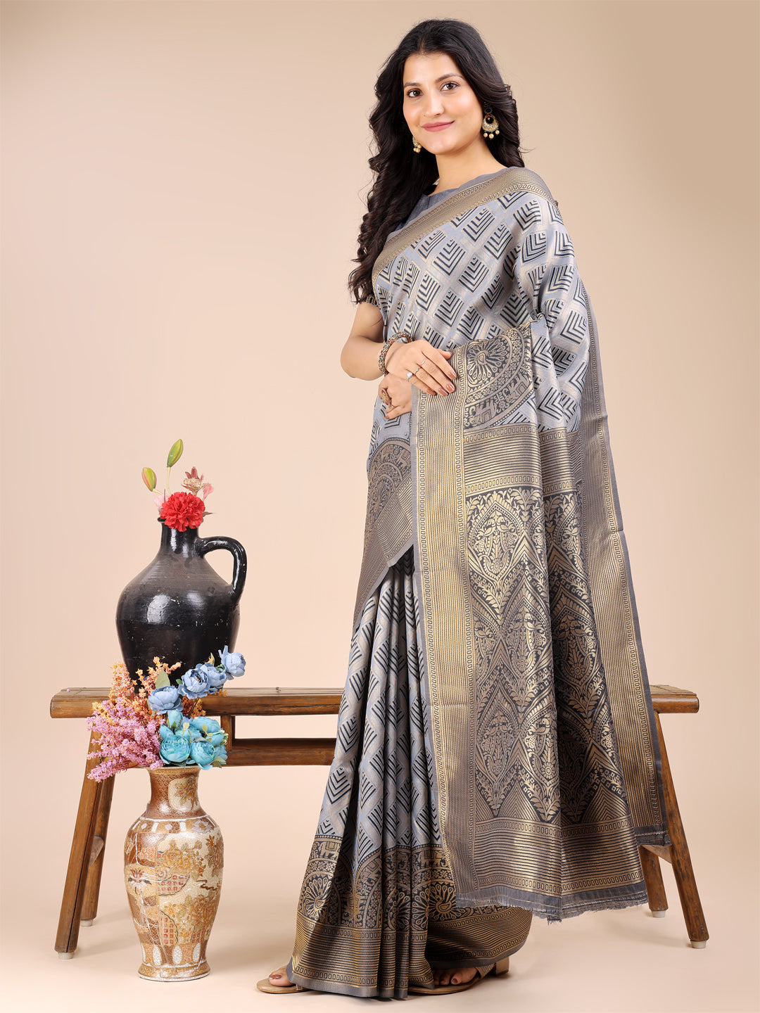 Astita Grey Banarasi silk Woven Zari Work Traditional Tassel Saree - Distacart