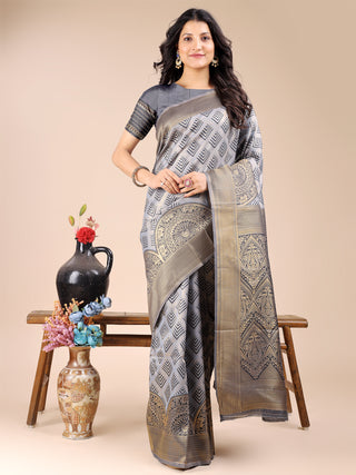 Astita Grey Banarasi silk Woven Zari Work Traditional Tassel Saree - Distacart