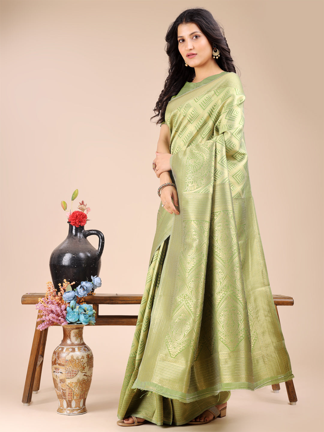 Astita Light Green Banarasi silk Woven Zari Work Traditional Tassel Saree - Distacart
