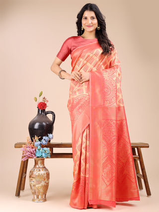 Astita Peach Banarasi silk Woven Zari Work Traditional Tassel Saree - Distacart