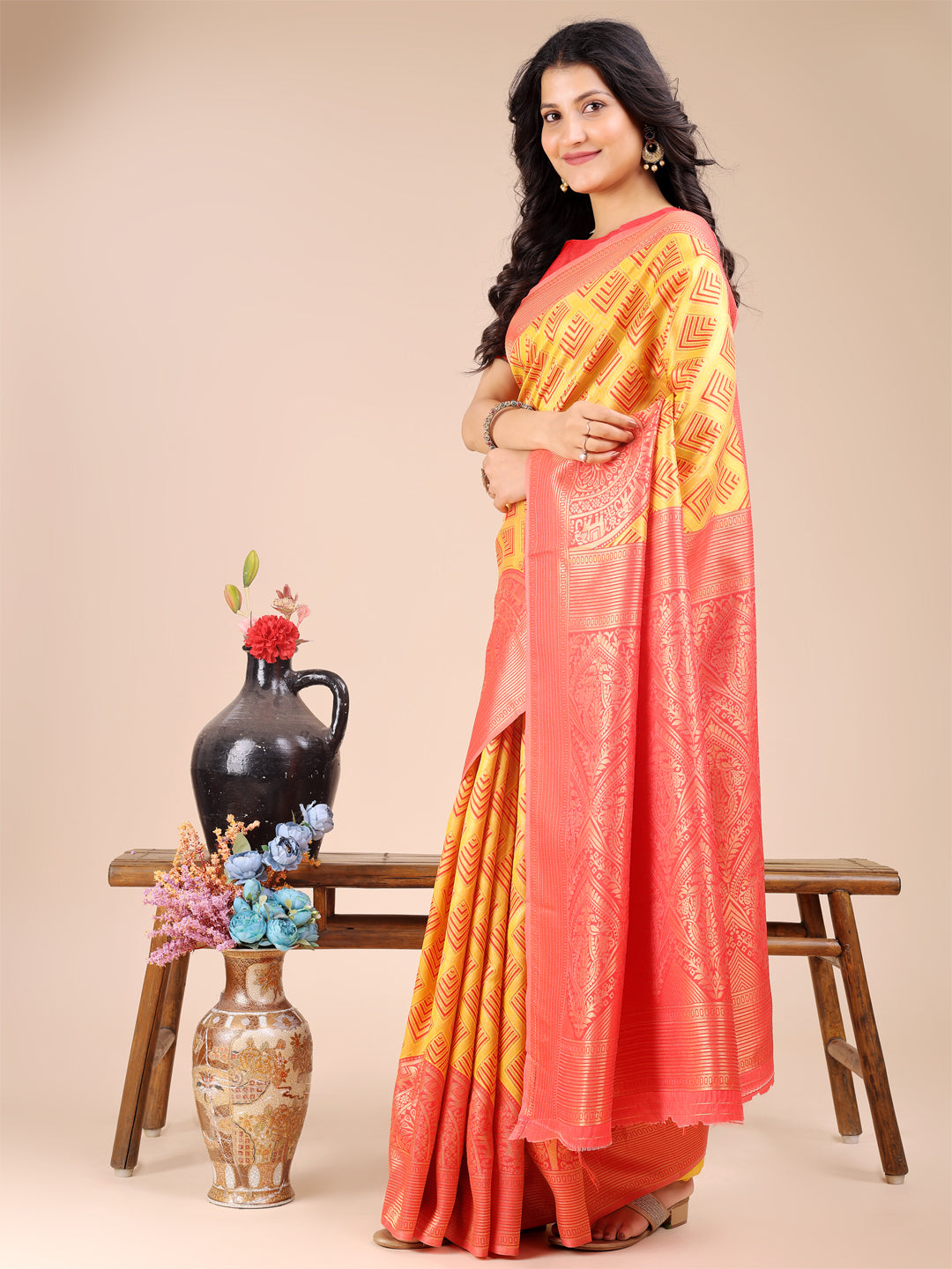 Astita Yellow & Red Banarasi silk Woven Zari Work Traditional Tassel Saree - Distacart