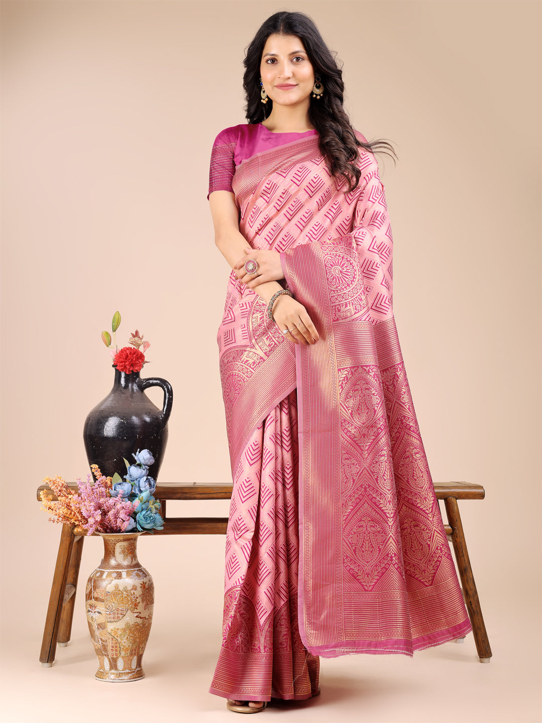 Astita Light Pink Banarasi silk Woven Zari Work Traditional Tassel Saree - Distacart
