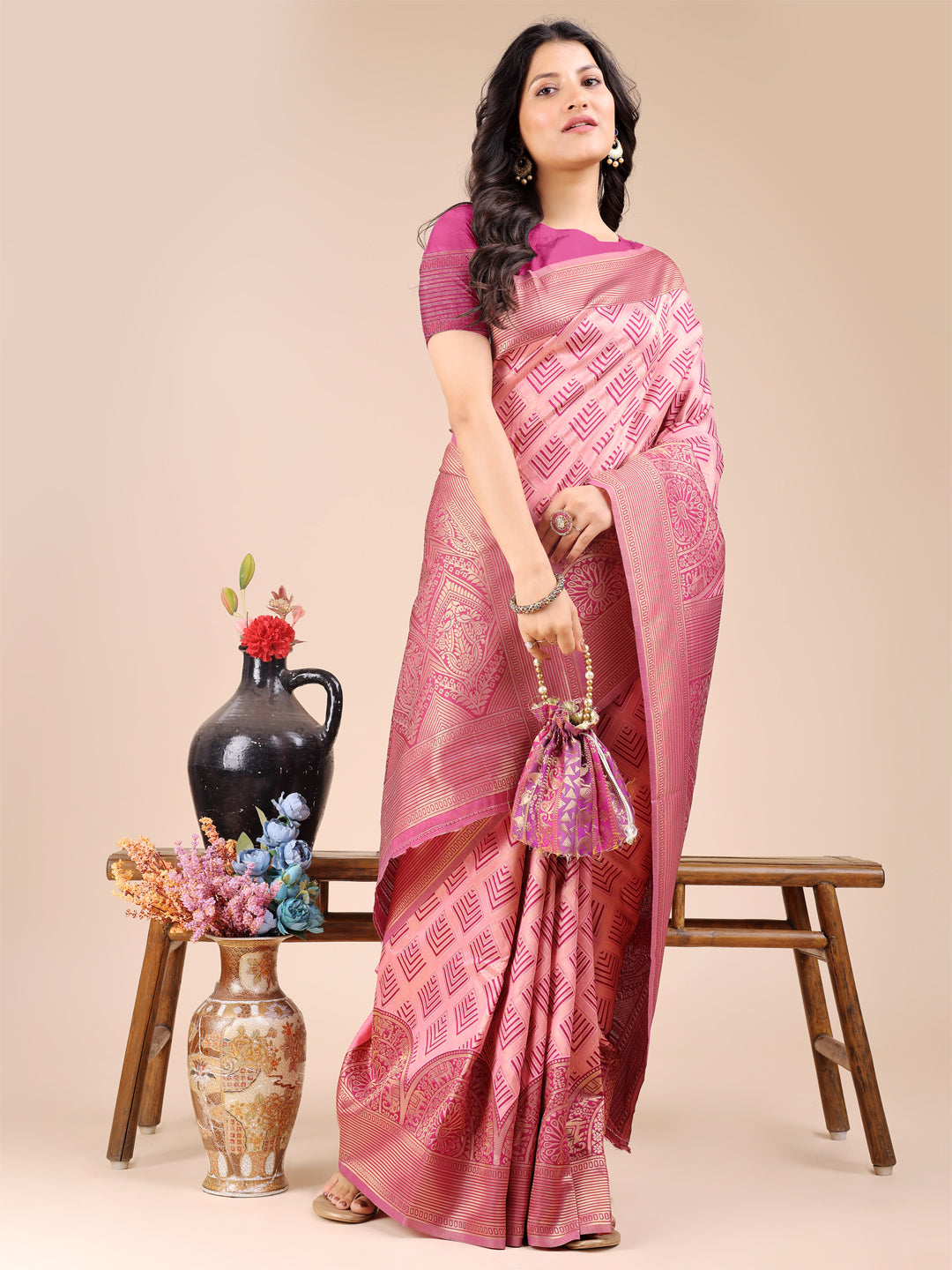 Astita Light Pink Banarasi silk Woven Zari Work Traditional Tassel Saree - Distacart