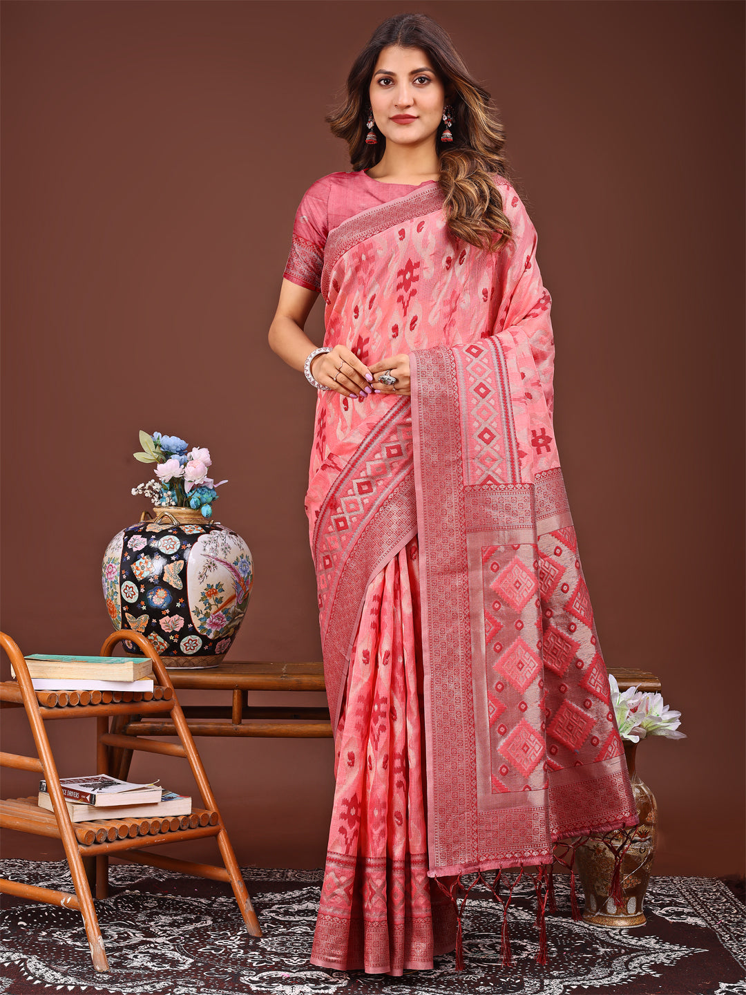 Astita Radiant Peach Linen Cotton Patola Saree - Where Tradition Dances with Elegance - Distacart