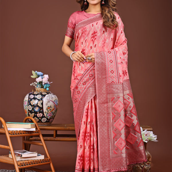 Astita Radiant Peach Linen Cotton Patola Saree - Where Tradition Dances with Elegance - Distacart