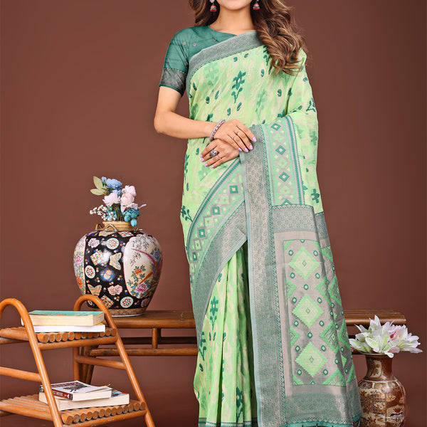 Astita Radiant Light Green Linen Cotton Patola Saree - Where Tradition Dances with Elegance - Distacart