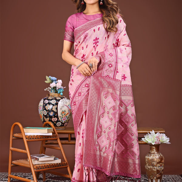 Astita Radiant Pink Linen Cotton Patola Saree - Where Tradition Dances with Elegance - Distacart