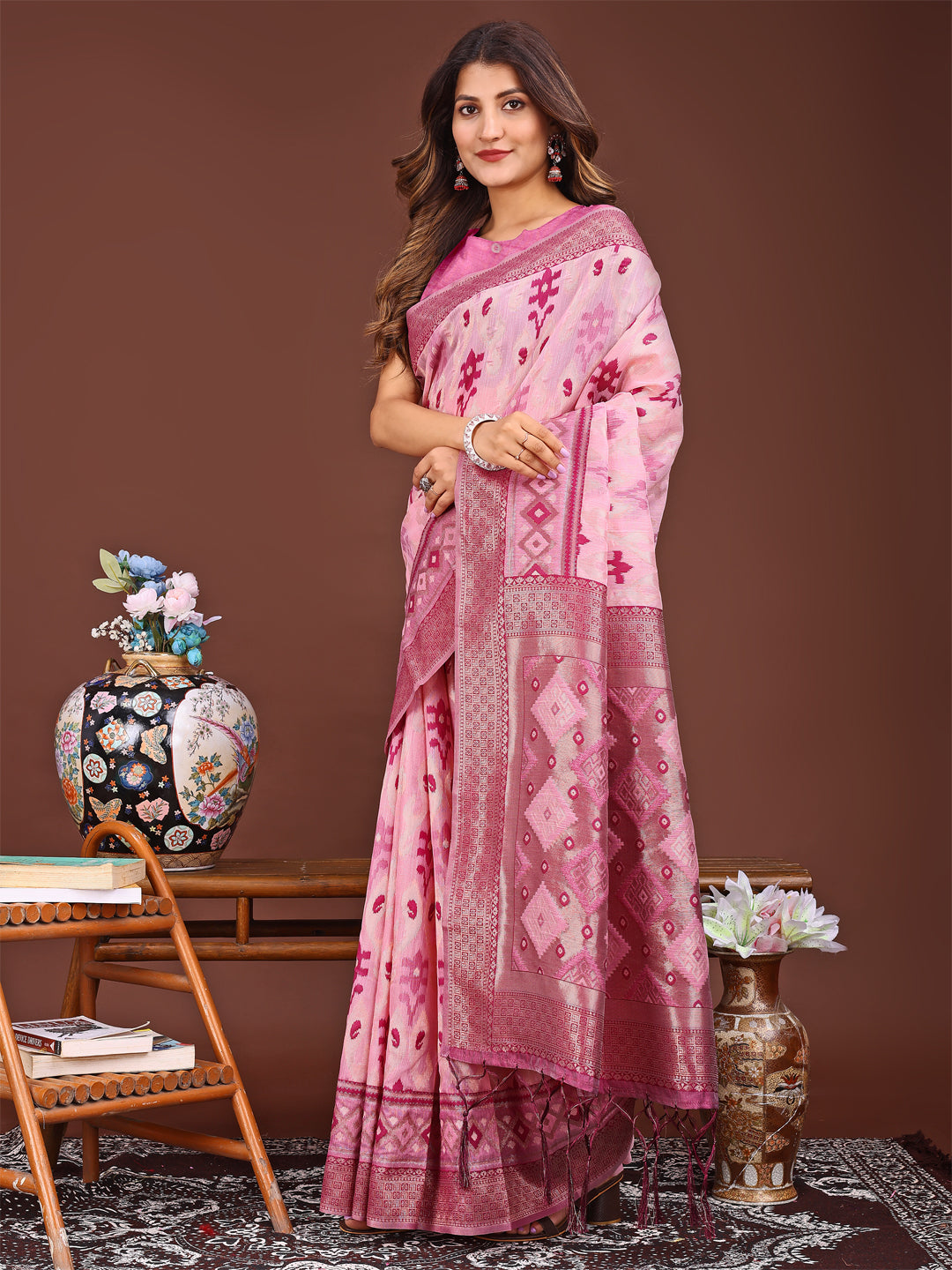 Astita Radiant Pink Linen Cotton Patola Saree - Where Tradition Dances with Elegance - Distacart