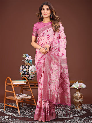 Astita Radiant Pink Linen Cotton Patola Saree - Where Tradition Dances with Elegance - Distacart