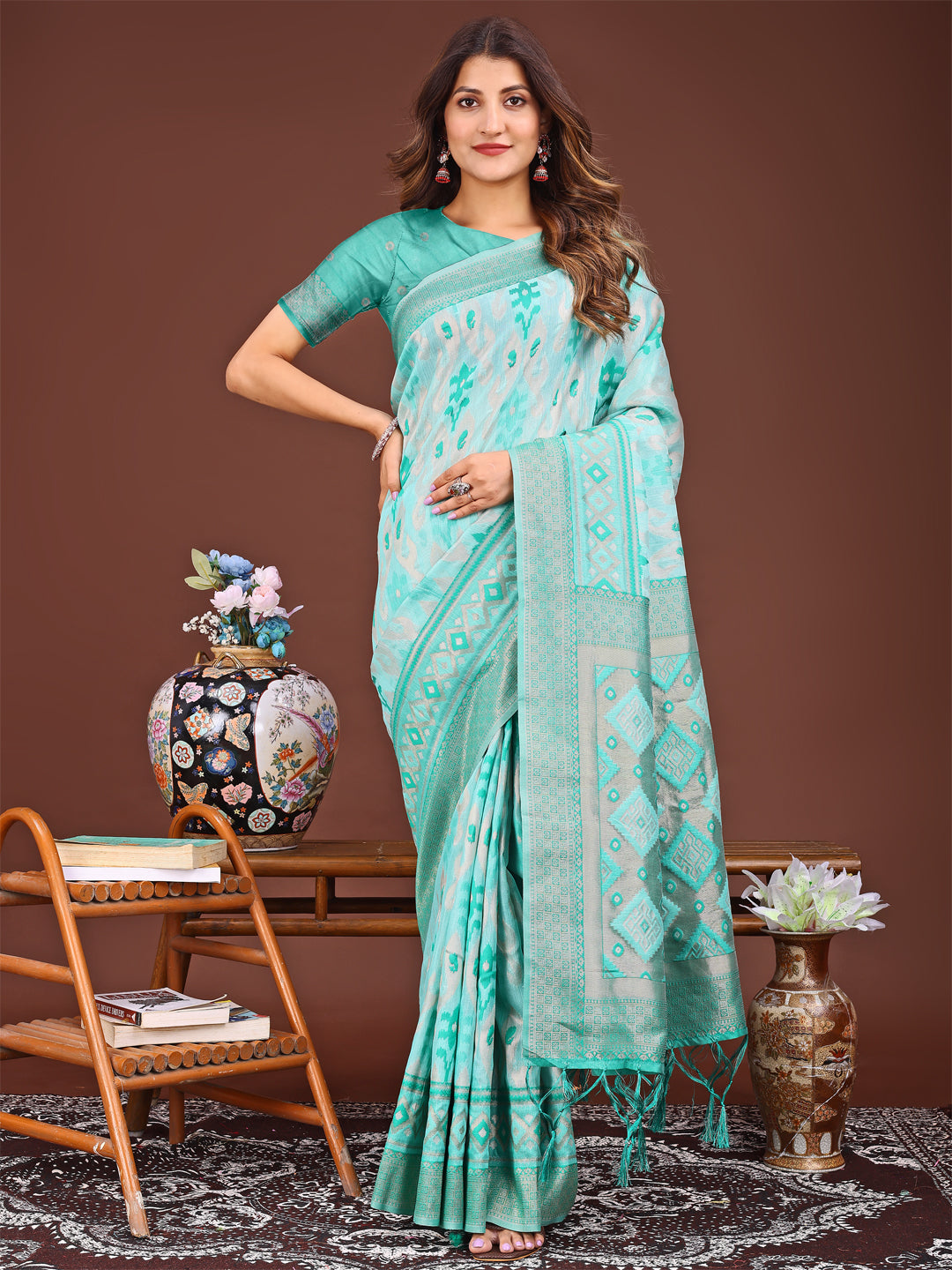Astita Radiant Sea Green Linen Cotton Patola Saree - Where Tradition Dances with Elegance - Distacart