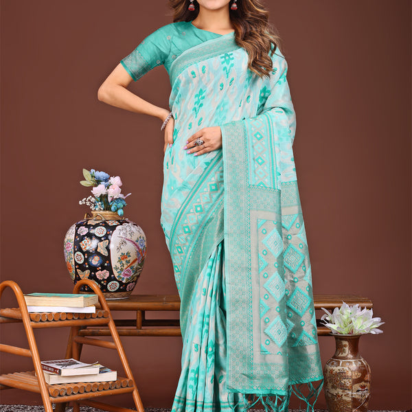 Astita Radiant Sea Green Linen Cotton Patola Saree - Where Tradition Dances with Elegance - Distacart