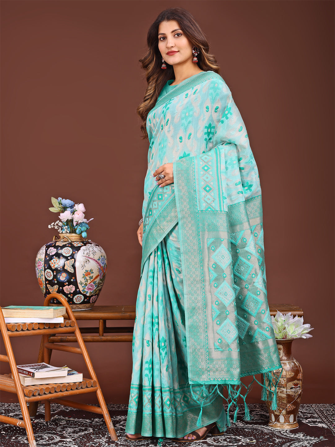 Astita Radiant Sea Green Linen Cotton Patola Saree - Where Tradition Dances with Elegance - Distacart