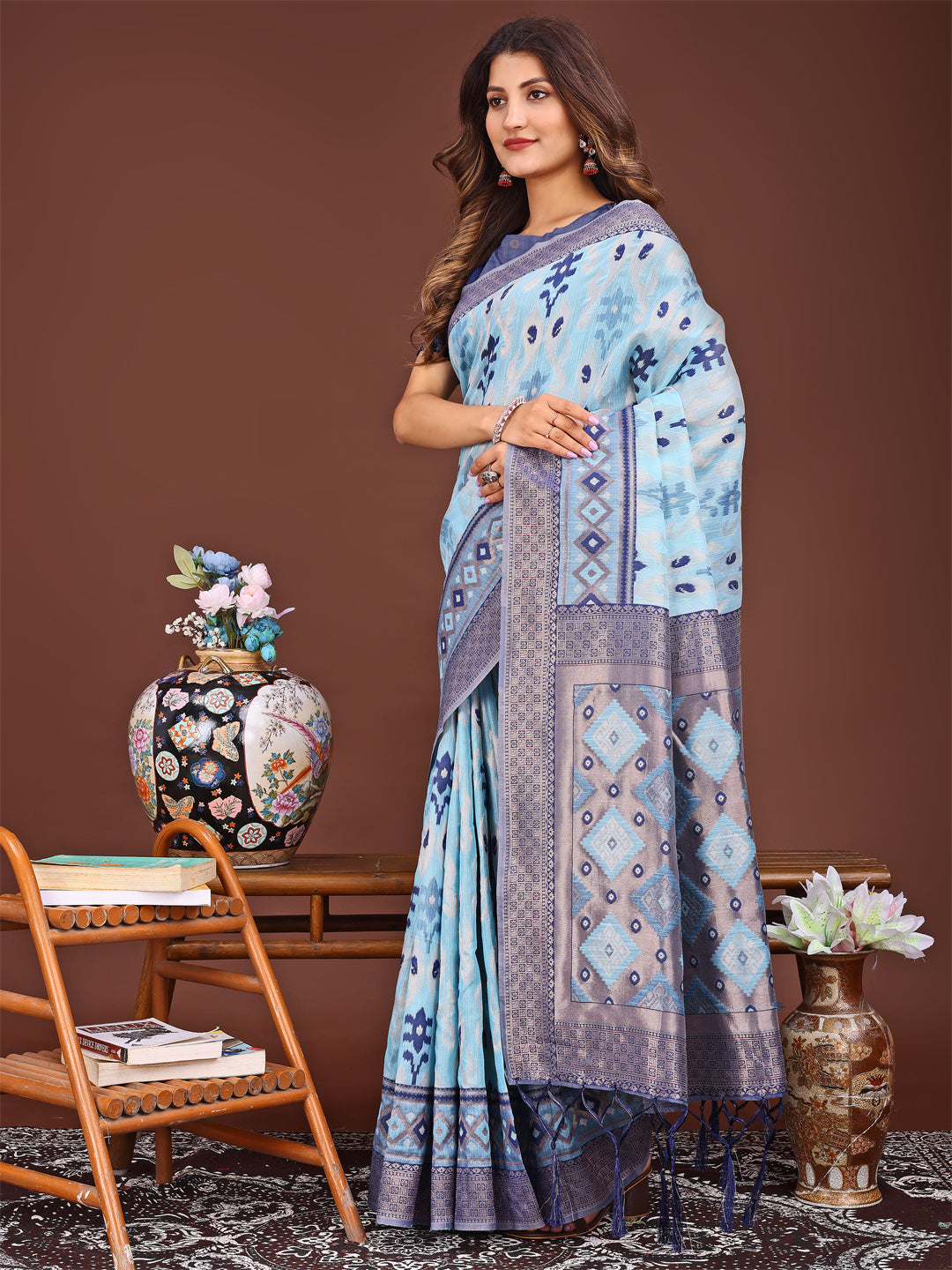 Astita Radiant Sky Blue Linen Cotton Patola Saree - Where Tradition Dances with Elegance - Distacart