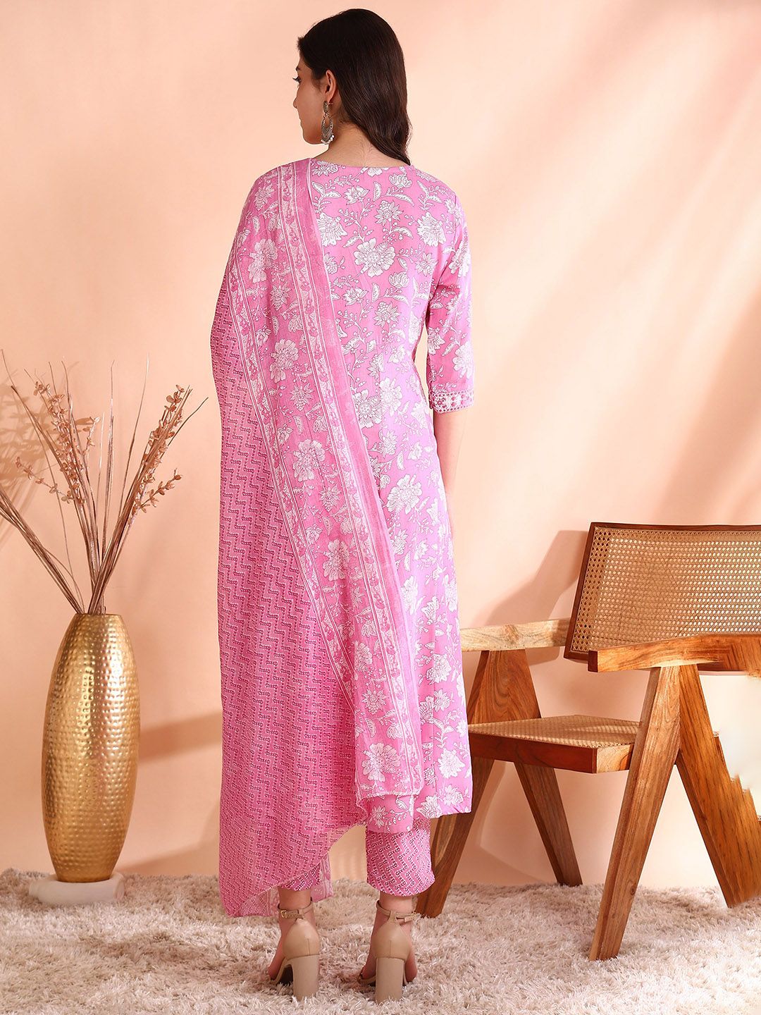 Ode by House of Pataudi Thread Work Pure Cotton Anarkali Kurta with Trousers & Dupatta - Distacart