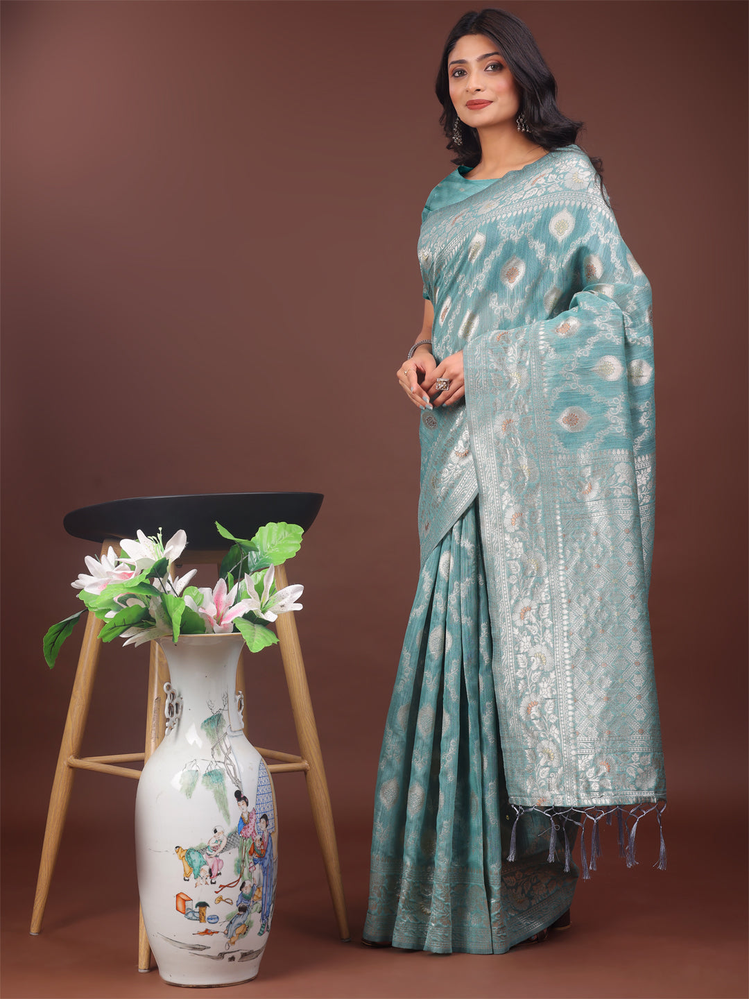 Astita Elegant Sea Green Linen Cotton Saree with Silver Zari - Perfect Blend of Comfort & Charm - Distacart