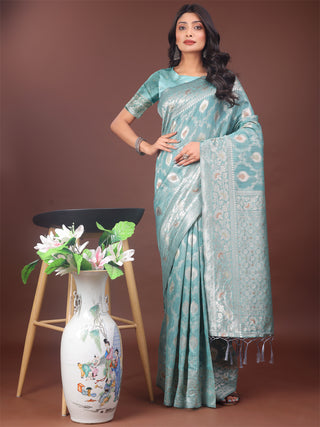 Astita Elegant Sea Green Linen Cotton Saree with Silver Zari - Perfect Blend of Comfort & Charm - Distacart