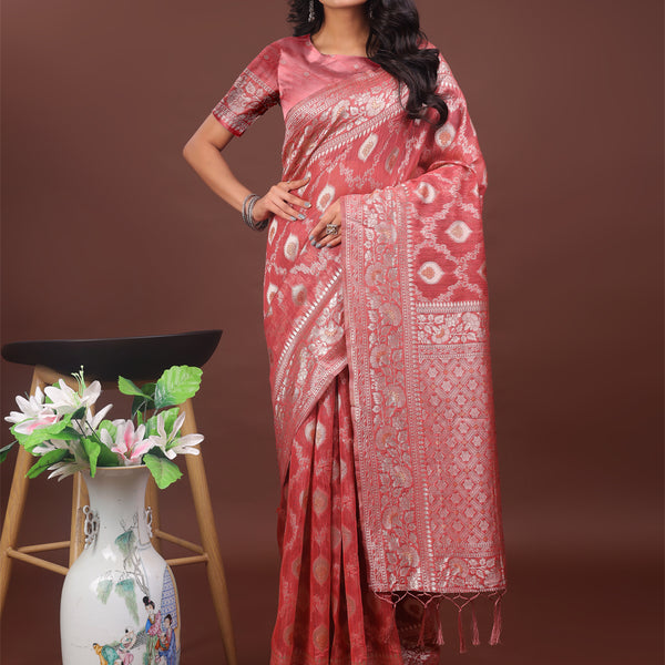 Astita Elegant Peach Linen Cotton Saree with Silver Zari - Perfect Blend of Comfort & Charm - Distacart