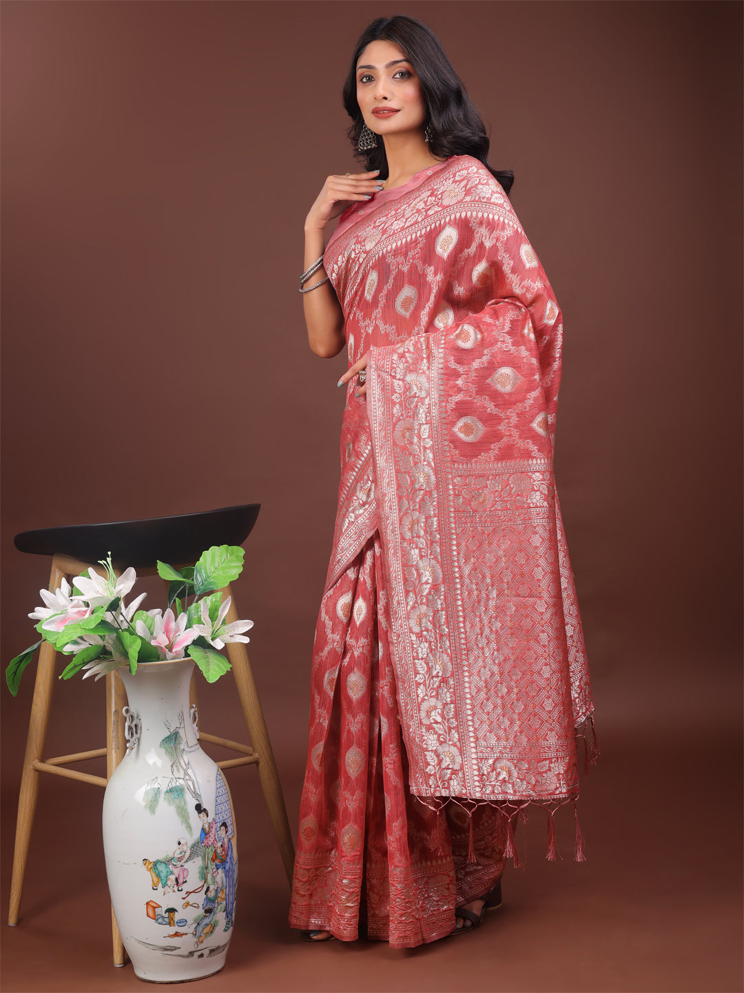 Astita Elegant Peach Linen Cotton Saree with Silver Zari - Perfect Blend of Comfort & Charm - Distacart
