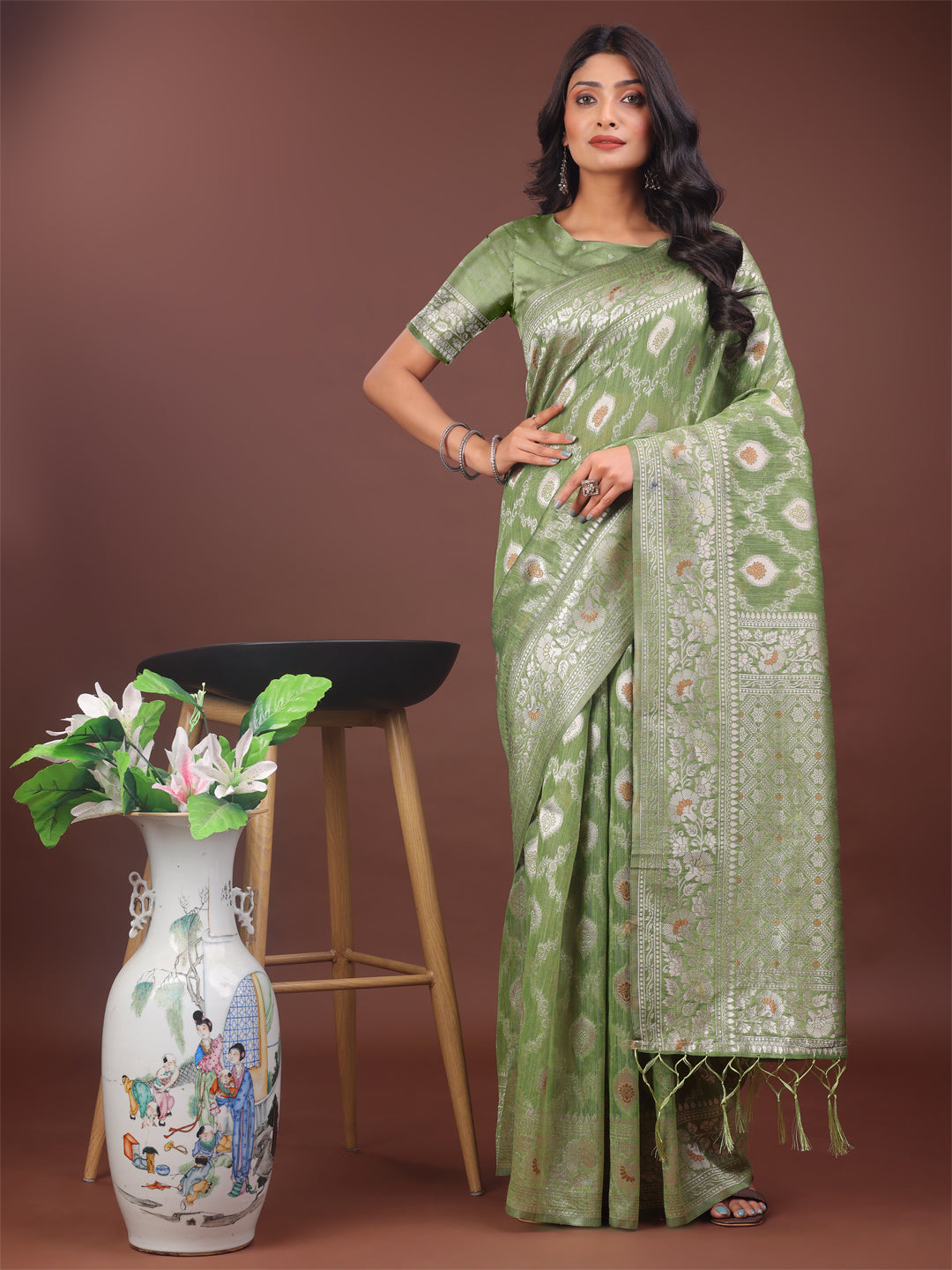 Astita Elegant Light Green Linen Cotton Saree with Silver Zari - Perfect Blend of Comfort & Charm - Distacart