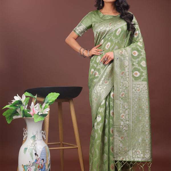 Astita Elegant Light Green Linen Cotton Saree with Silver Zari - Perfect Blend of Comfort & Charm - Distacart
