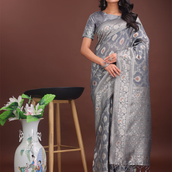 Astita Elegant Grey Linen Cotton Saree with Silver Zari - Perfect Blend of Comfort & Charm - Distacart