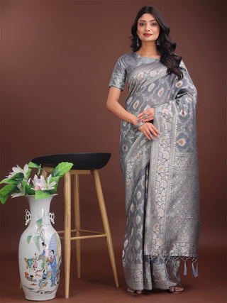 Astita Elegant Grey Linen Cotton Saree with Silver Zari - Perfect Blend of Comfort & Charm - Distacart