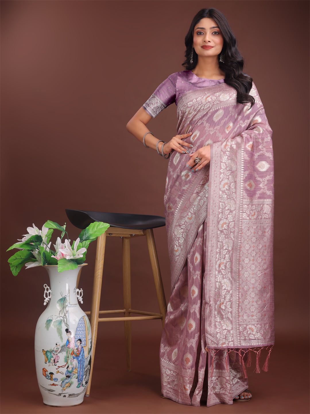 Astita Elegant Purple Linen Cotton Saree with Silver Zari - Perfect Blend of Comfort & Charm - Distacart