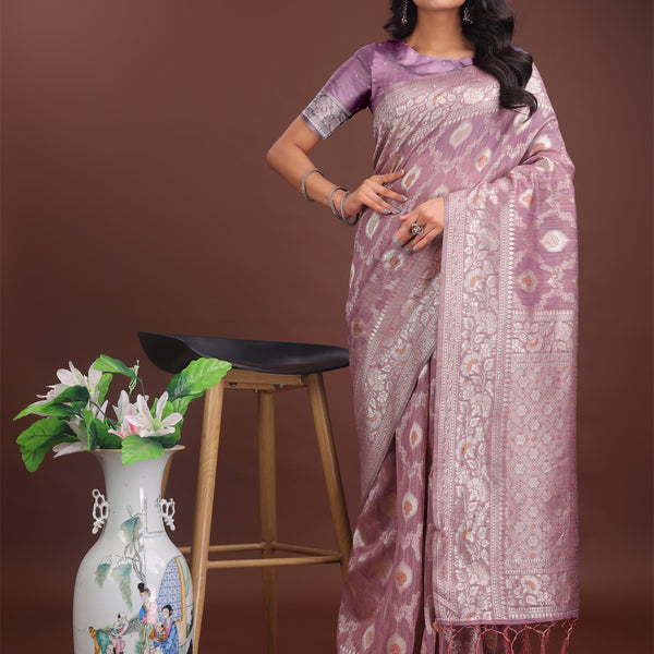 Astita Elegant Purple Linen Cotton Saree with Silver Zari - Perfect Blend of Comfort & Charm - Distacart