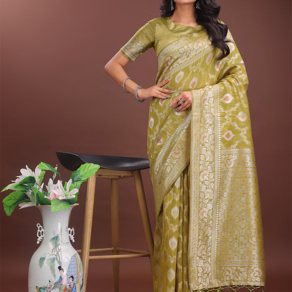 Astita Elegant Mustard Linen Cotton Saree with Silver Zari - Perfect Blend of Comfort & Charm - Distacart