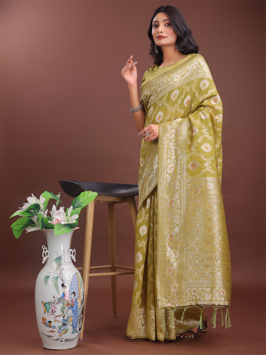 Astita Elegant Mustard Linen Cotton Saree with Silver Zari - Perfect Blend of Comfort & Charm - Distacart