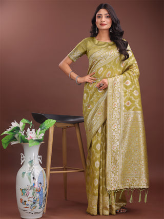 Astita Elegant Mustard Linen Cotton Saree with Silver Zari - Perfect Blend of Comfort & Charm - Distacart