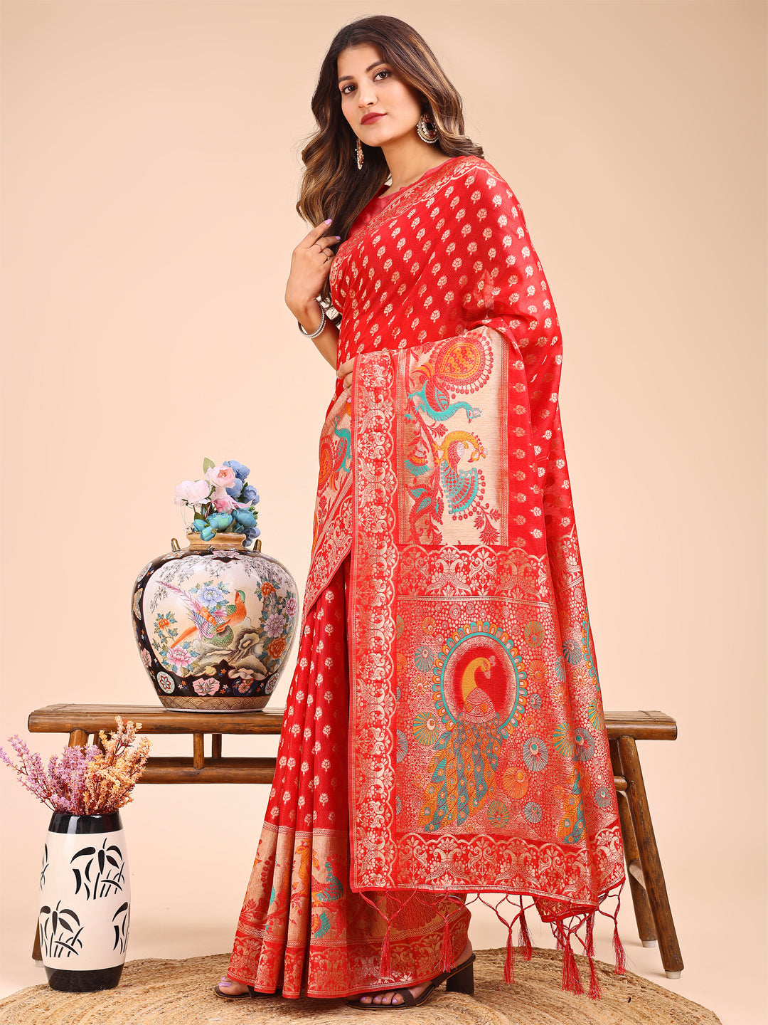 Astita Majestic Red Linen Cotton Saree with Royal Peacock Pallu - A Celebration of Heritage and Grace - Distacart