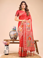 Thumbnail for Astita Majestic Red Linen Cotton Saree with Royal Peacock Pallu - A Celebration of Heritage and Grace - Distacart