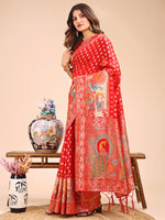 Thumbnail for Astita Majestic Red Linen Cotton Saree with Royal Peacock Pallu - A Celebration of Heritage and Grace - Distacart