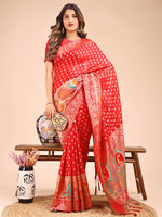 Thumbnail for Astita Majestic Red Linen Cotton Saree with Royal Peacock Pallu - A Celebration of Heritage and Grace - Distacart