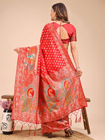 Thumbnail for Astita Majestic Red Linen Cotton Saree with Royal Peacock Pallu - A Celebration of Heritage and Grace - Distacart