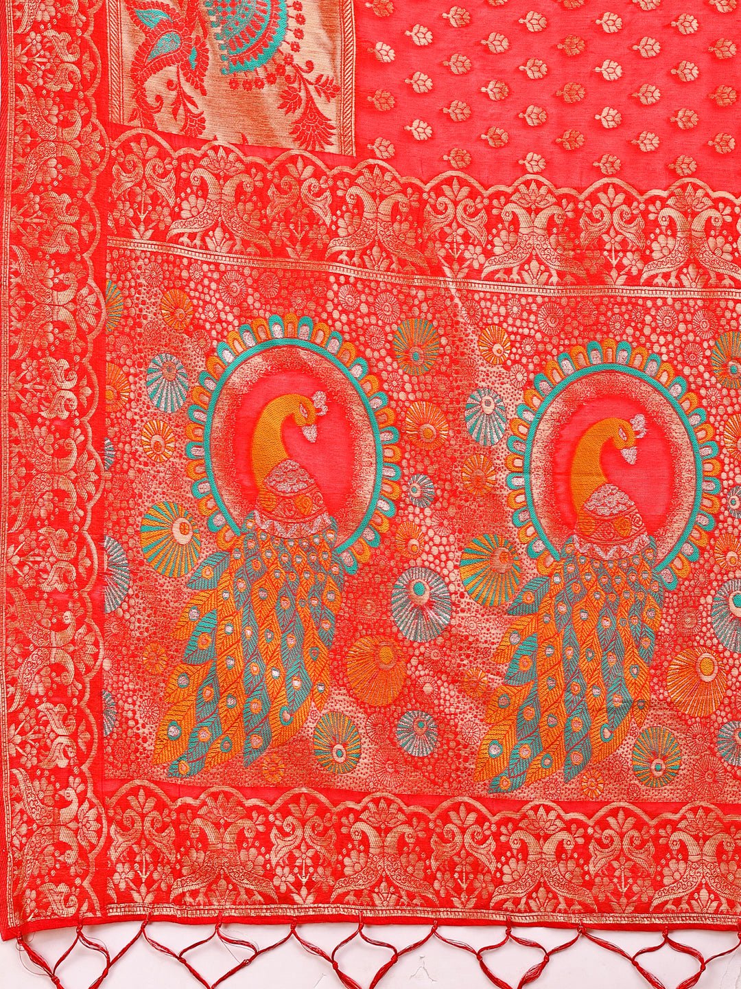 Astita Majestic Red Linen Cotton Saree with Royal Peacock Pallu - A Celebration of Heritage and Grace - Distacart