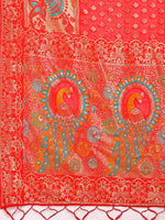 Thumbnail for Astita Majestic Red Linen Cotton Saree with Royal Peacock Pallu - A Celebration of Heritage and Grace - Distacart