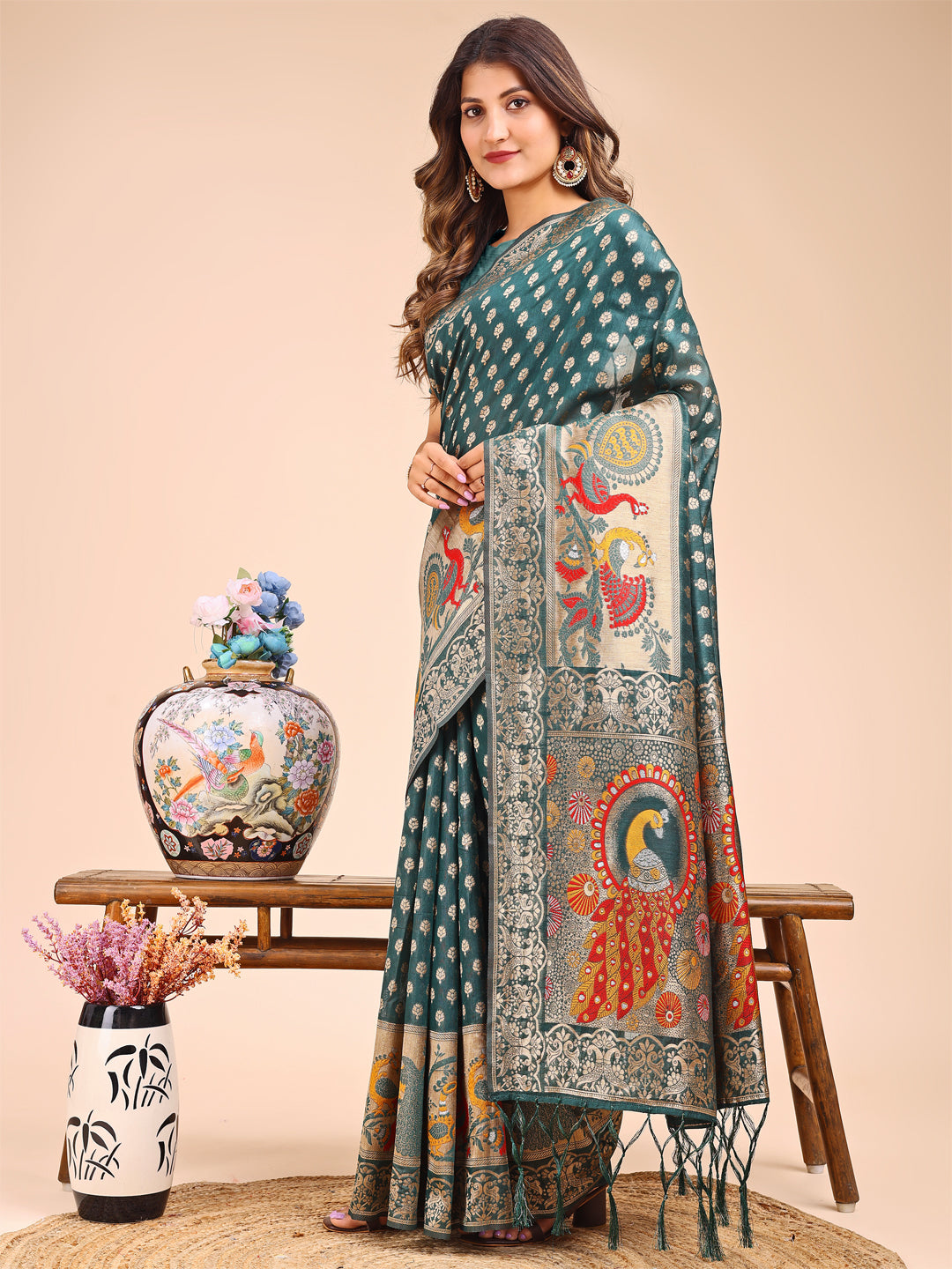 Astita Majestic Green Linen Cotton Saree with Royal Peacock Pallu - A Celebration of Heritage and Grace - Distacart