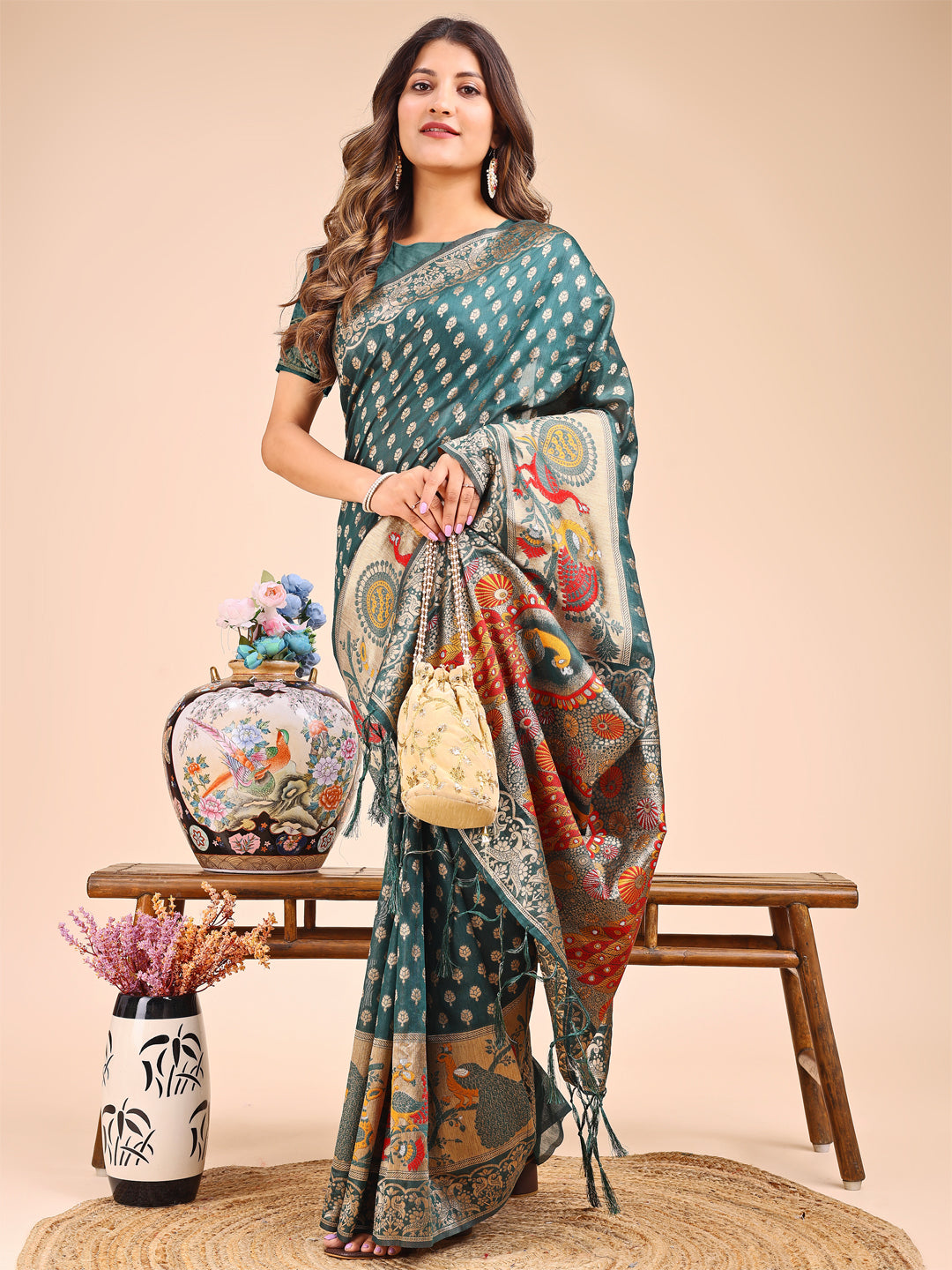 Astita Majestic Green Linen Cotton Saree with Royal Peacock Pallu - A Celebration of Heritage and Grace - Distacart