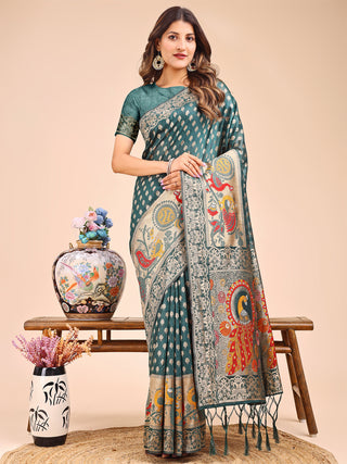 Astita Majestic Green Linen Cotton Saree with Royal Peacock Pallu - A Celebration of Heritage and Grace - Distacart
