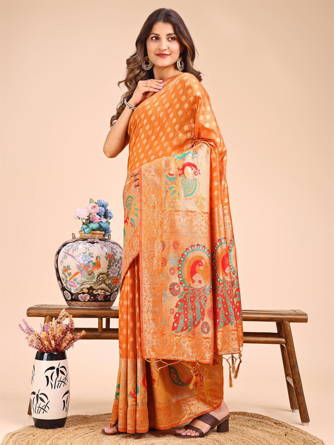 Astita Majestic Mustard Linen Cotton Saree with Royal Peacock Pallu - A Celebration of Heritage and Grace - Distacart