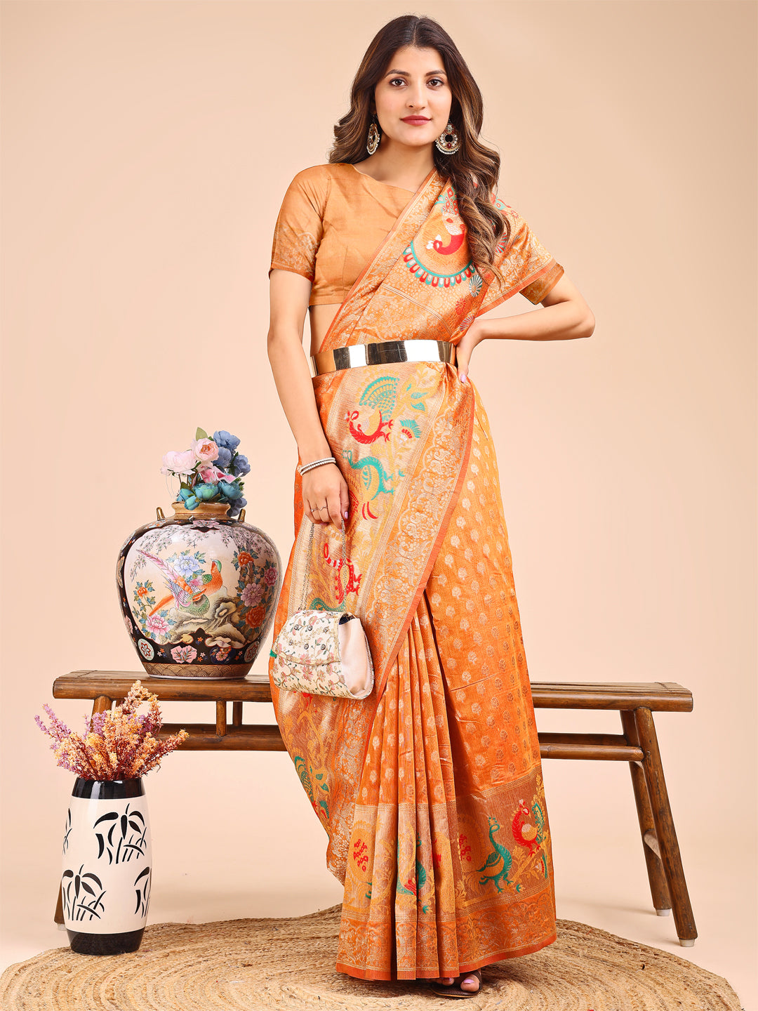 Astita Majestic Mustard Linen Cotton Saree with Royal Peacock Pallu - A Celebration of Heritage and Grace - Distacart
