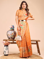 Thumbnail for Astita Majestic Mustard Linen Cotton Saree with Royal Peacock Pallu - A Celebration of Heritage and Grace - Distacart
