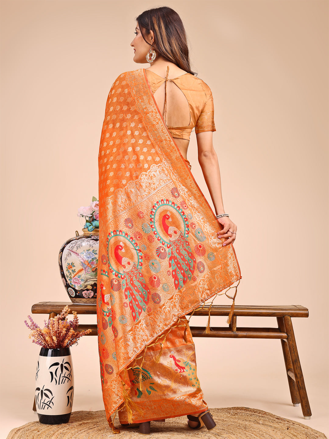 Astita Majestic Mustard Linen Cotton Saree with Royal Peacock Pallu - A Celebration of Heritage and Grace - Distacart
