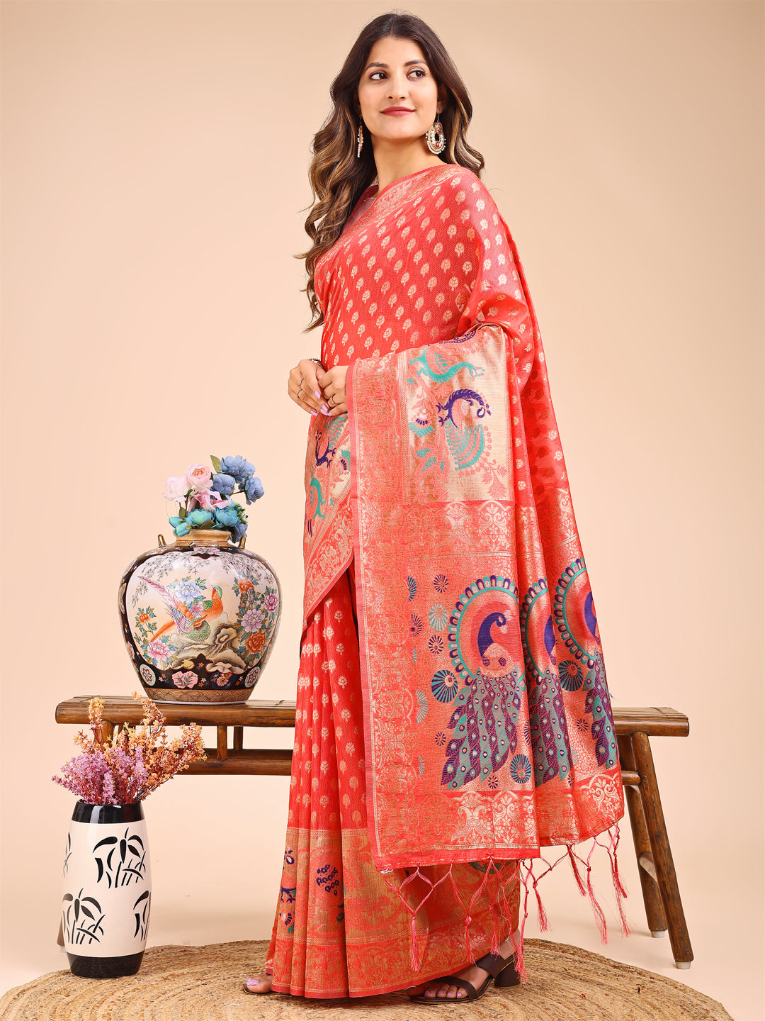 Astita Majestic Peach Linen Cotton Saree with Royal Peacock Pallu - A Celebration of Heritage and Grace - Distacart